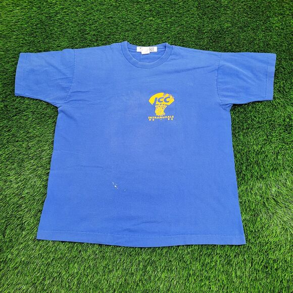 Vintage 90s Fruit-of-The-Loom Shirt XL 23x27 Blue Slogan - Picture 2 of 16